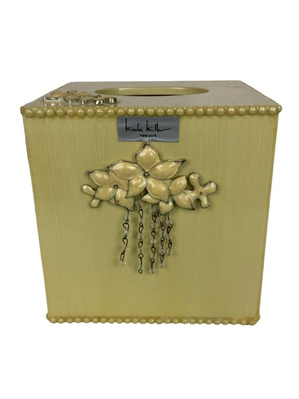 Nicole Miller New York Tissue Box Cover Delias Cream 3D Floral Applique Beads
